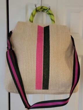 Stella & Dot Cream Woven Tote with Pink & Green Stripes